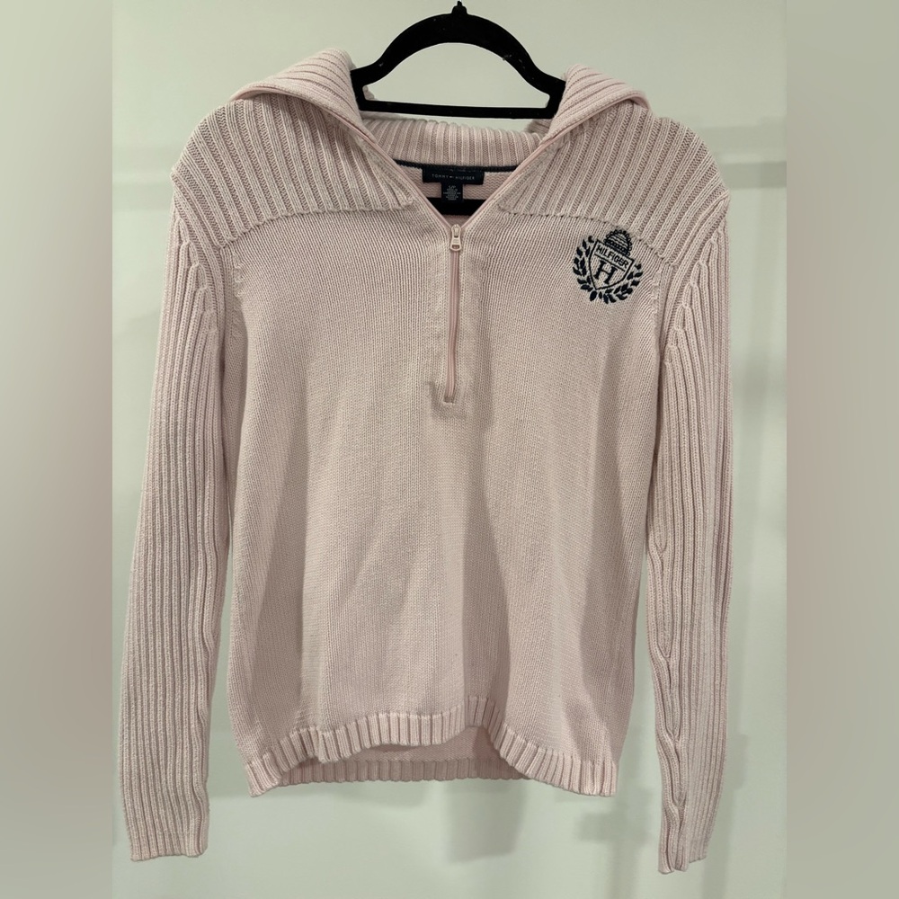 Tommy Hilfiger Pink Quarter-Zip Cable Knit Sweater, Size Small